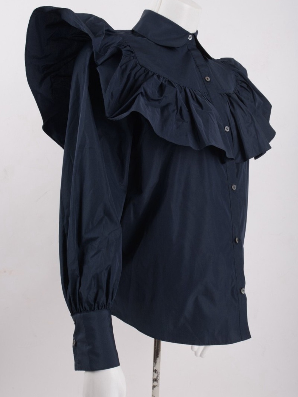 CINQ A SEPT Navy Blue Ruffle Yoke Button-Down Blouse Top